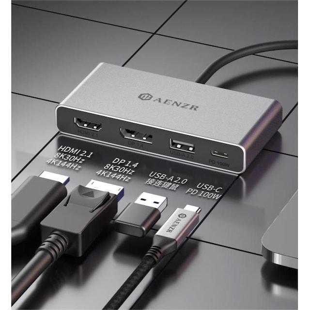 NÖRDIC USB-C 1 til 4 dockingstation 1xDP8K30Hz 1xHDMI8K30Hz 1xUSB-C PD 100W 1xUSB-A 2.0