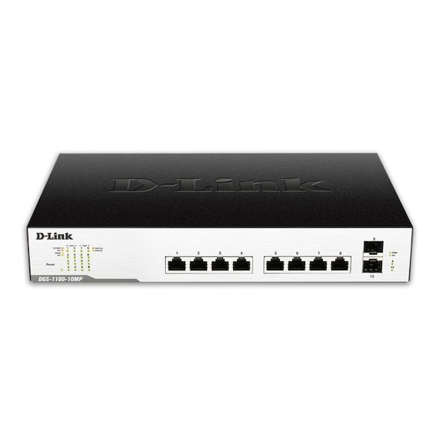 D-Link network switch, 8xRJ45, 2xSFP, PoE plus, Gigabit, black/silver