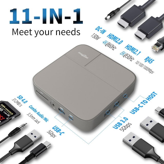 NÖRDIC USB-C dockningsstation 1 til 10 1x8K30Hz HDMI 1x4K60Hz HDMI 1xUSBC PD 100W 1xUSB-C 5Gbps 3xUSB-A 5Gbps 1xSD 1xMicroSD 1x3,5mm lyd