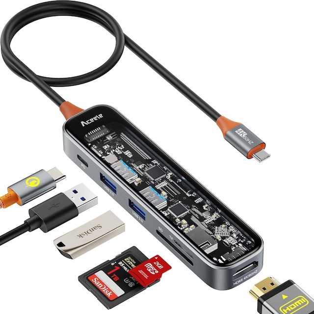 NÖRDIC USB-C 1 til 6 hubs 1xHDMI4K60Hz 1xUSB-C PD 100W 2xUSB-A 5Gbps 1xSD 1xMicro SD