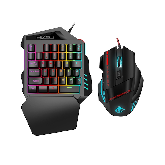 Enhånds gaming-tastatur, tastatur, mus, RGB-baggrundsbelyst håndledsstøtte
