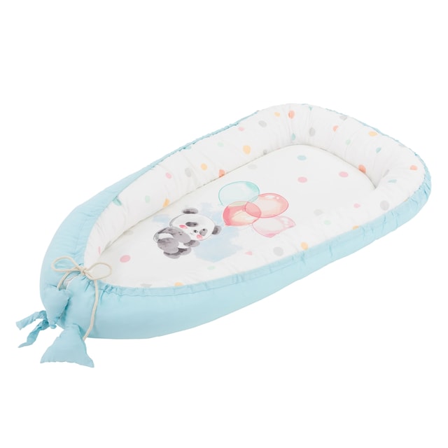 Joyz Babynest, Panda Hellblau, 90x50cm, Bomuld, dobbeltsidet, allergifri