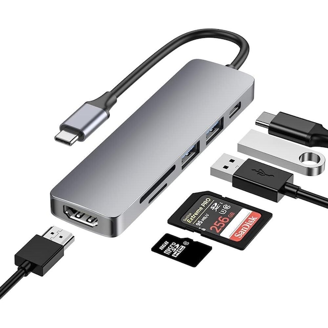 NÖRDIC 1 til 6 USB C aluminium dockingstation 1xHDMI 4K 30Hz 2xUSB-A 3.1 5Gbps 1x USB C PD87W 1xSD/TF kortlæser
