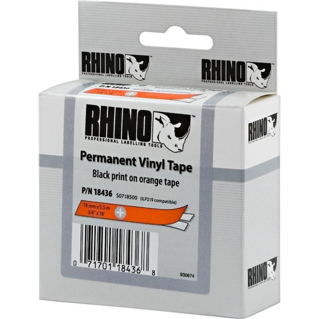 DYMO RhinoPRO, permanent markeringsvinyltape, 19 mm, sort tekst på or