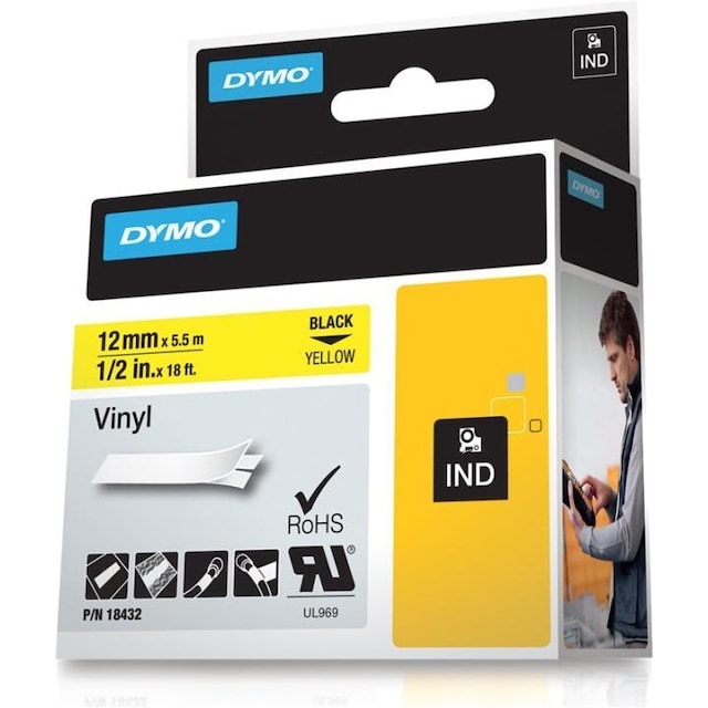 DYMO Rhino Professional, mærkbar permanent vinyltape, 12 mm, ssort te