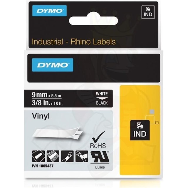 DYMO Rhino Professional, mærkbar permanent vinyltape, 9 mm,hvid tekst
