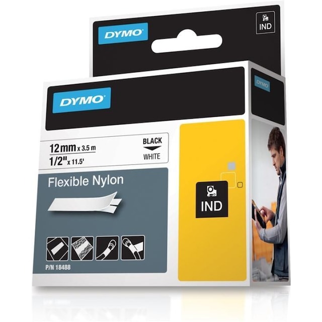 DYMO Rhino Professional, mærkbar fleksibel nylontape, 12 mm, sort tek