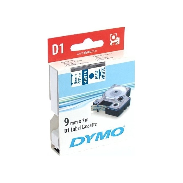 DYMO D1, markeringstape, 9mm, blå tekst på hvid tape, 7m - 40914