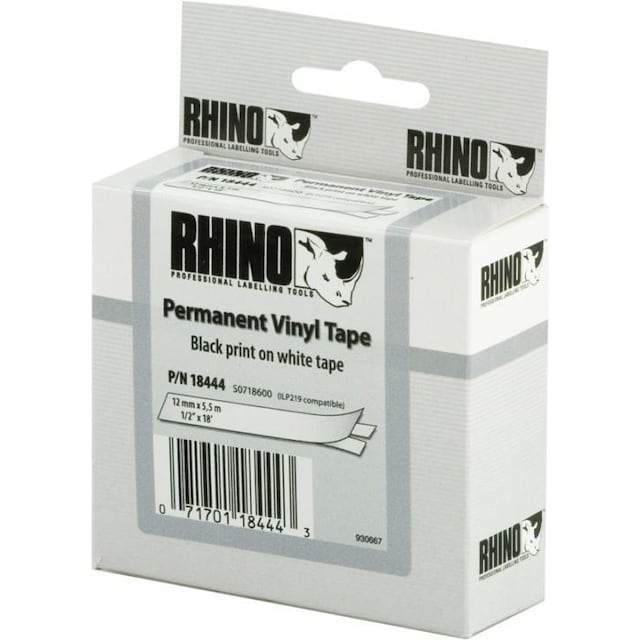 DYMO RhinoPRO, permanent markeringsvinyltape, 12 mm, sort tekst på hv