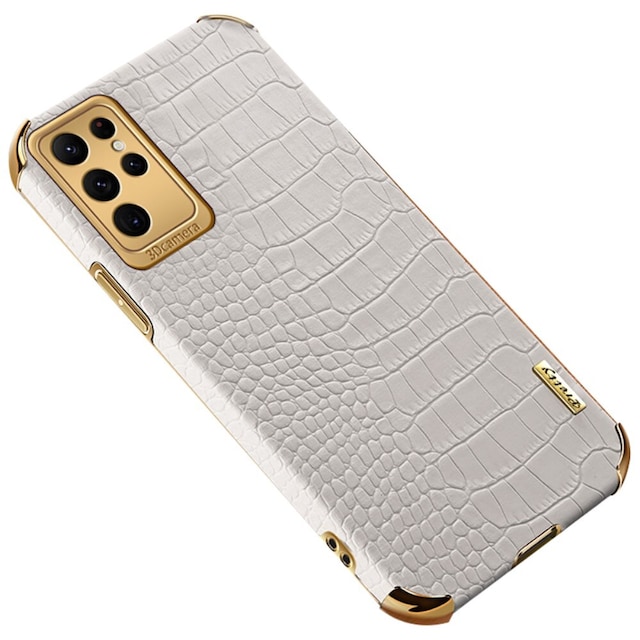 SKALO Samsung S24 Ultra Crocodile Guldkant Cover - Hvid