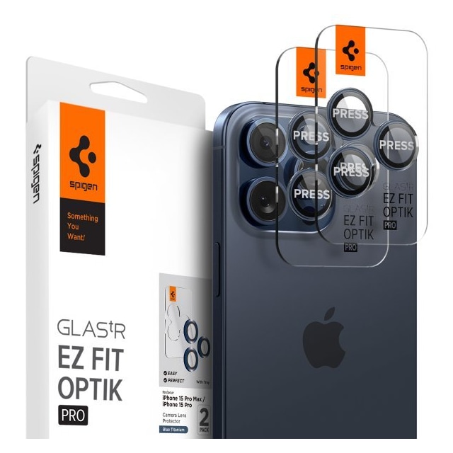 Spigen iPhone 15 Pro/iPhone 15 Pro Max Kameralinsebeskytter GLAS.tR EZ Fit Optik Pro 2-pak Blue Titanium