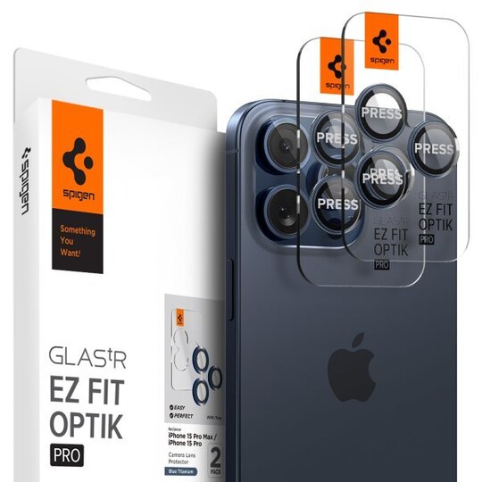 Spigen iPhone 15 Pro/iPhone 15 Pro Max Kameralinsebeskytter GLAS.tR EZ Fit Optik Pro 2-pak Blue Titanium