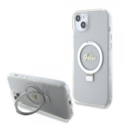 Guess iPhone 15 Plus Cover Ring Stand Glitter MagSafe Transparent