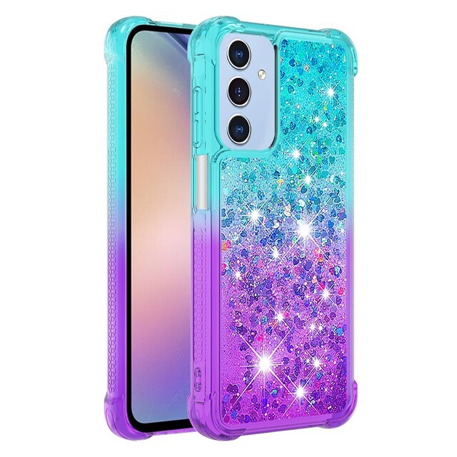 SKALO Samsung A15 5G Kvicksand Glitter Hjerter TPU Cover - Turkis-Lilla