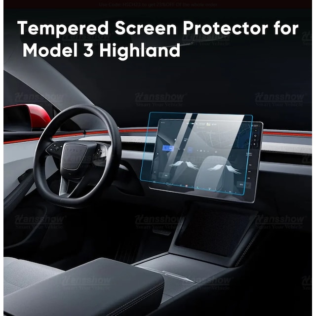 Skærmbeskytter i KLART hærdet glas til begge skærme - Tesla 3 #34:Highland#34: