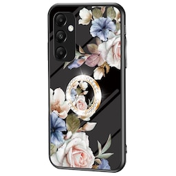Til Samsung Galaxy A35 Hærdet Glas Etui Ring Kickstand Telefon Cover - Black Flower Bush