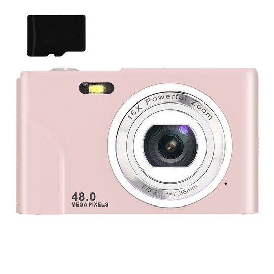 Digitalkamera med 48 MP, HD 1080p, 16x zoom, 32 GB hukommelseskort Lyserød