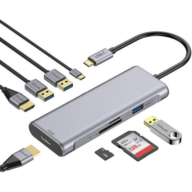 NÖRDIC 1 til 8 USB-C dockingstation 2xHDMI 4K30Hz 3xUSB-A 3.1 1xUSB-C PD100W 1xSD 1xMicroSD