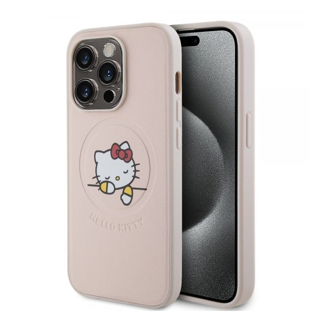 Hello Kitty iPhone 15 Pro Cover Debossed Logo MagSafe Lyserød