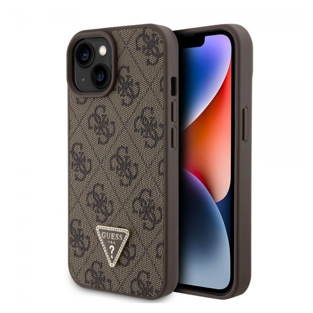 Guess iPhone 15 Cover 4G Metal Triangle Strass Brun