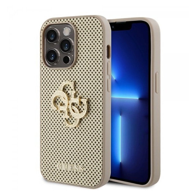 Guess iPhone 15 Pro Max Cover Perforated Glitter Guld