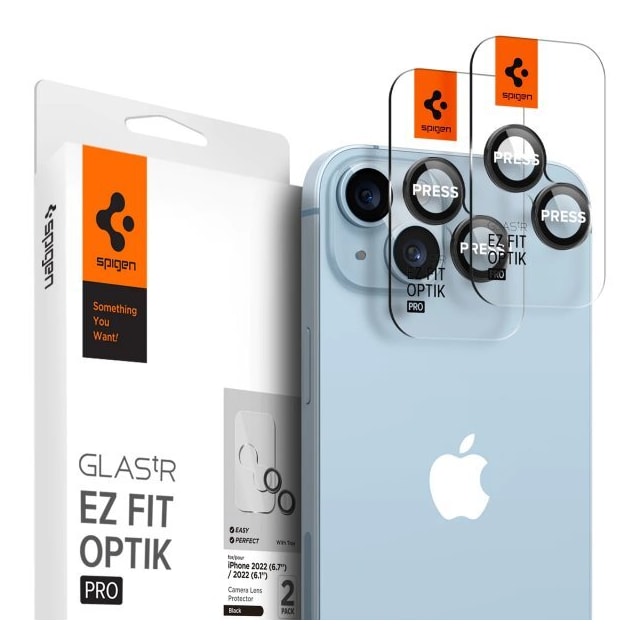 Spigen iPhone 14/15/iPhone 14/15 Plus Kameralinsebeskytter GLAS.tR EZ Fit Optik Pro 2-pak Sort