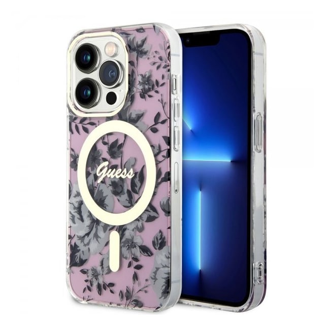 Guess iPhone 14 Pro Cover Flower MagSafe Lyserød