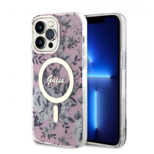 Guess iPhone 14 Pro Max Cover Flower MagSafe Lyserød
