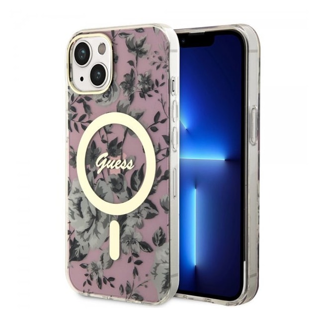 Guess iPhone 14 Cover Flower MagSafe Lyserød