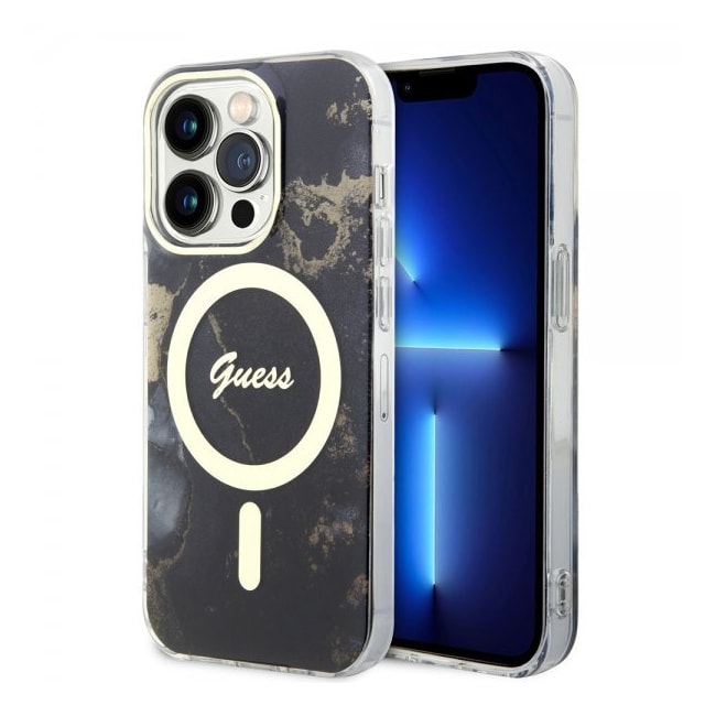 Guess iPhone 14 Pro Cover Golden Marble MagSafe Sort