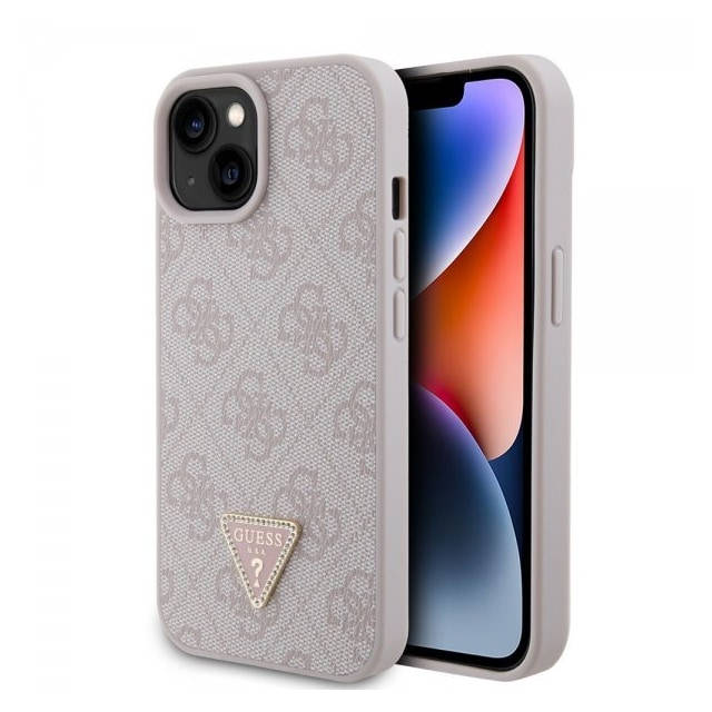 Guess iPhone 15 Cover 4G Metal Triangle Strass Lyserød