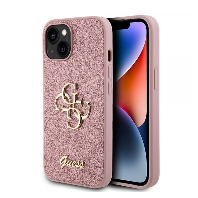 Guess iPhone 15 Cover Fixed Glitter Lyserød