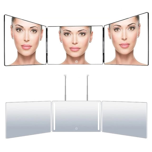Spejl 360-graders visning 3-sidet udtrækkeligt frisørspejl LED-lys