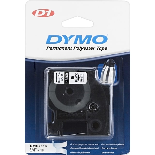 DYMO D1, markeringstape i nylon, 19 mm, sort tekst på hvid tape, 5,5