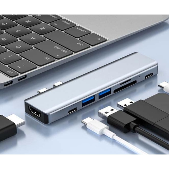 NÖRDIC 2 til 7 USB-C-dockingstation til MacBook Pro og Air 1xHDMI 4K30Hz 1xUSB-A 3.1 1xUSB-A 2.0 1xUSB-C 3.1 1xUSB-C 100W PD 1x SD/TF-kortlæser