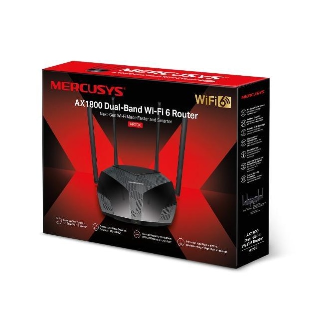 Mercusys AX1800 Dual-Band WiFi 6 Router MR70X 802.11ax, 1201+574 Mbit/s, 10/100/1000 Mbit/s, Ethernet LAN (RJ-45) porte 3, Antennetype 4xFixed, Sort