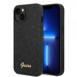 Guess iPhone 14 Plus Cover Glitter Flakes Metal Logo Sort