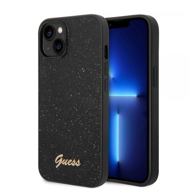Guess iPhone 14 Plus Cover Glitter Flakes Metal Logo Sort