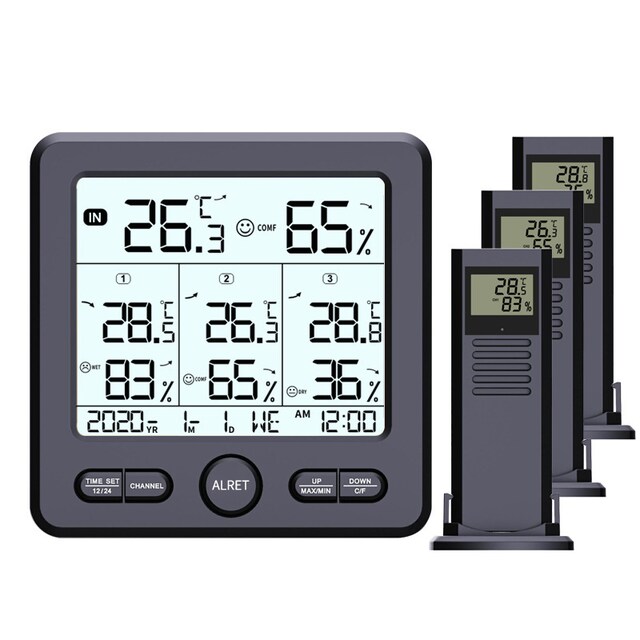 Digitalt termometer / hygrometer med 3 fjernsensorer Sort