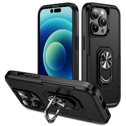 iPhone 14 Pro Stødsikker TPU + PC Kickstand Telefontaske Bilmontering Metalplade - Sort
