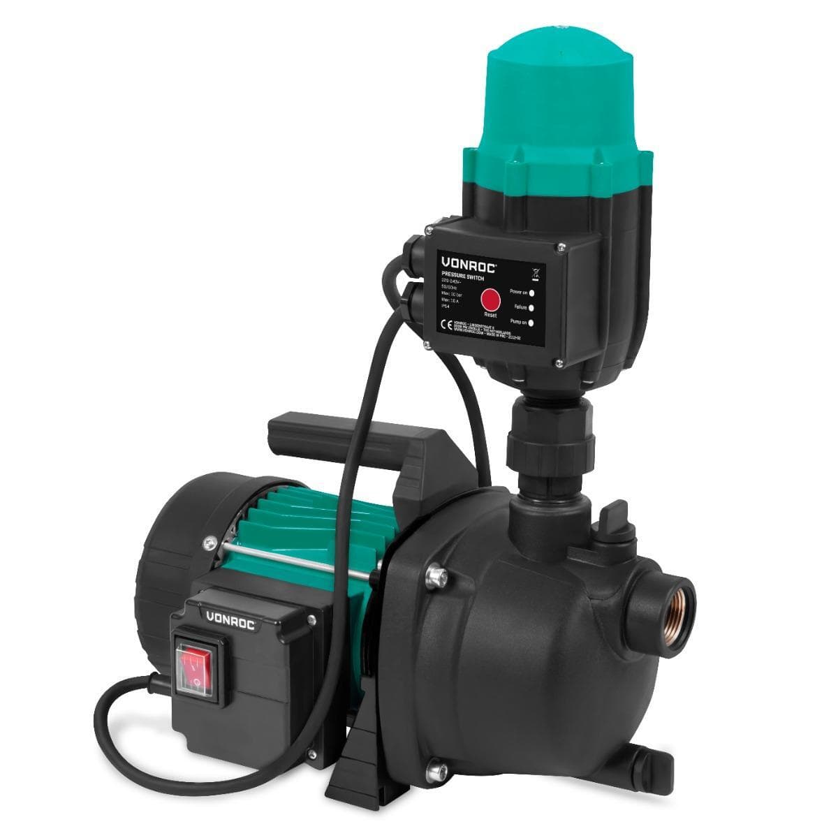 VONROC Vandpumpe - hydrophore pumpe / Automatisk pumpe - 800W | Max højde 40mtr. | 3300l/t | Med trykafbryder