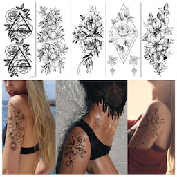 Engangstatoveringer - midlertidige tatoveringer med blomstermotiver 8 stk Sort