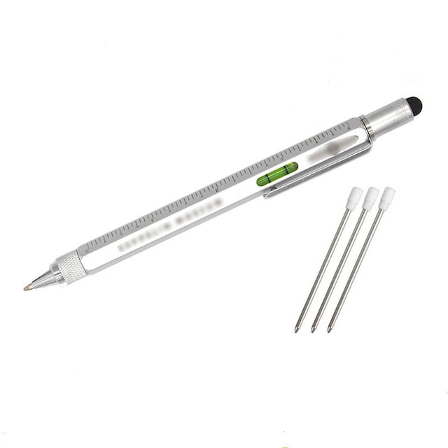 Multifunktions stylus pen med lineal, vaterpas, skruetrækker Sølv