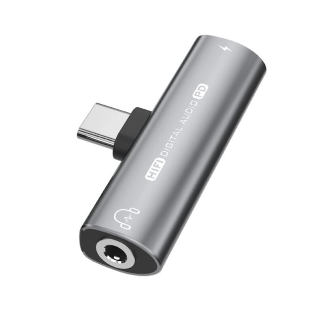 USB-C til 3,5 mm adapter til hovedtelefoner og oplader Grå