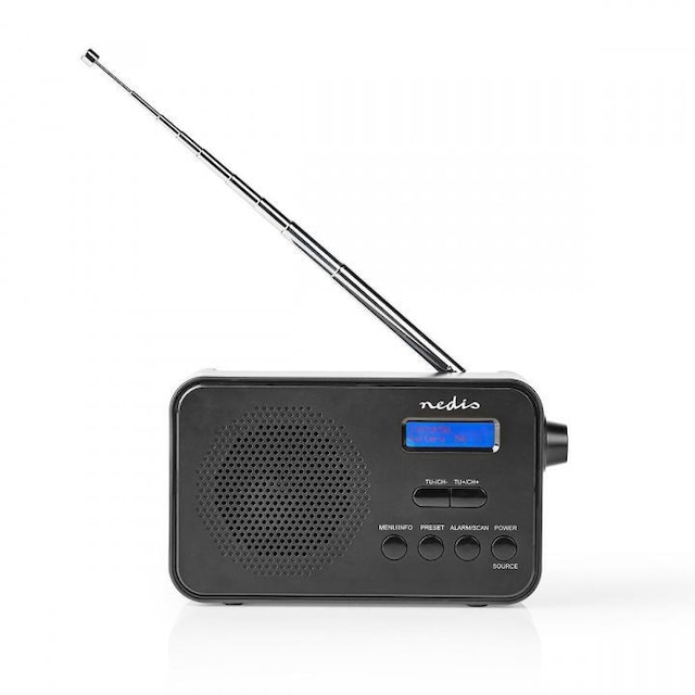Nedis DAB+ Radio | Bærbart design | DAB+ / FM | 1.3 "" | Sort blå skærm | Batteri / USB Drevet | Digital | 3.6 W | Bluetooth® | Hovedtelefonudgang | Vækkeur | Sleep timer | IP20 | Sort