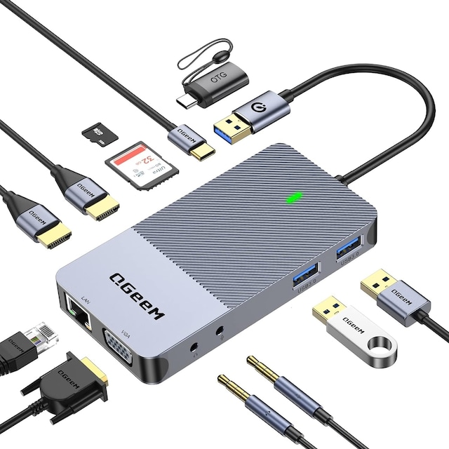 NÖRDIC 1 til 10 USB-A & C DisplayLink-dockingstation 2xHDMI, 1xVGA, 2xUSB3.0, 1xRJ45, 2xSD/TF, 2x3,5 mm