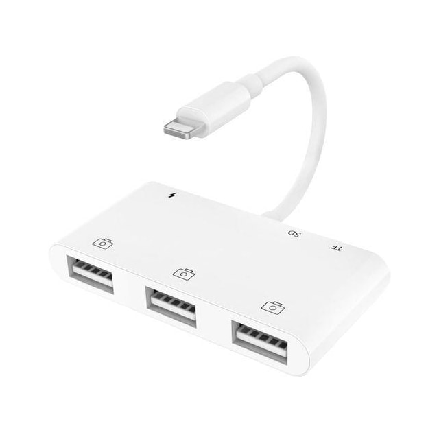 NÖRDIC Lightning adapter 1 til 6 porte 3xUSB A 3.1, 1xTF 1xSD kortlæser 1 x Lightning (Non MFI) opladningsport