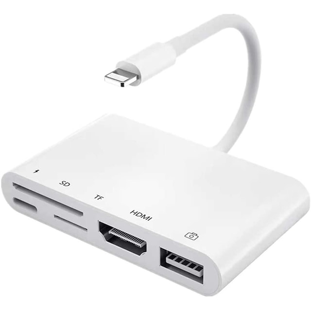 NÖRDIC Lightning adapter 1 til 5 porte 1xHDMI 1x 3,1 1x USB A Lightning til opladning 1xTF og 1xSD kortlæser