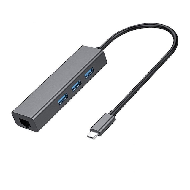 NÖRDIC C USB til Ethernet Giga netværksadapter med 3xUSB 3.1 hub, Aluminium Space Grey