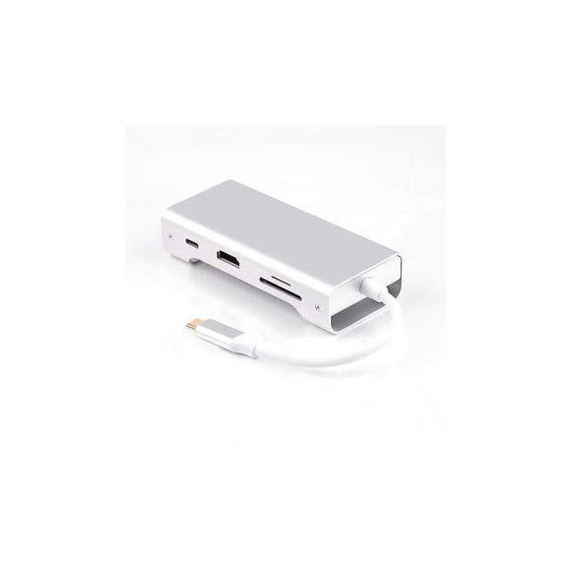 NÖRDIC 1 til 7 USB C Aluminium Docking Station 1xHDMI 4K 30Hz 1XRJ45 GIGA Ethernet 2XUSB 3,1 5GBP 1x USB C PD87W 1XSD / TF Kortlæser Sølv Sølv